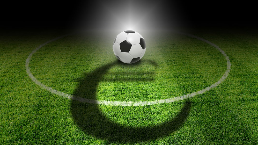 Ein Fußball liegt auf auf einem Stück Rasen, auf dem ein Euro-Zeichen als Schatten zu sehen ist.