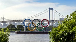 Die Olympischen Ringe vor der Rainbow Bridge am Odaiba Marine Park © witters Foto: ChristianWalgram