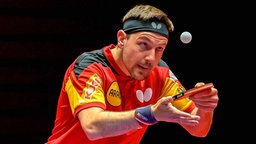 Tischtennisspieler Timo Boll konzentriert sich beim Aufschlag auf den Ball. © IMAGO / Revierfoto 